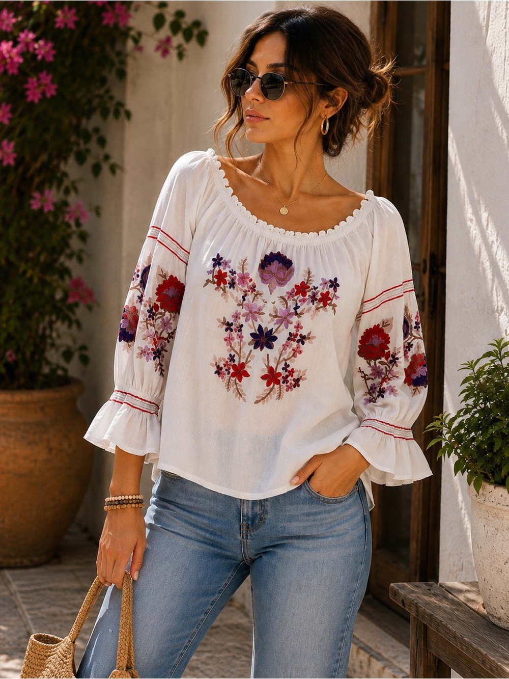 Free People Embroidered Peasant Blouse M White Floral Cotton Boho Bell Sleeve